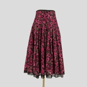 Vintage Pleated Floral Midi Skirt Magenta Pink Brown Maximalism Fairy Boho